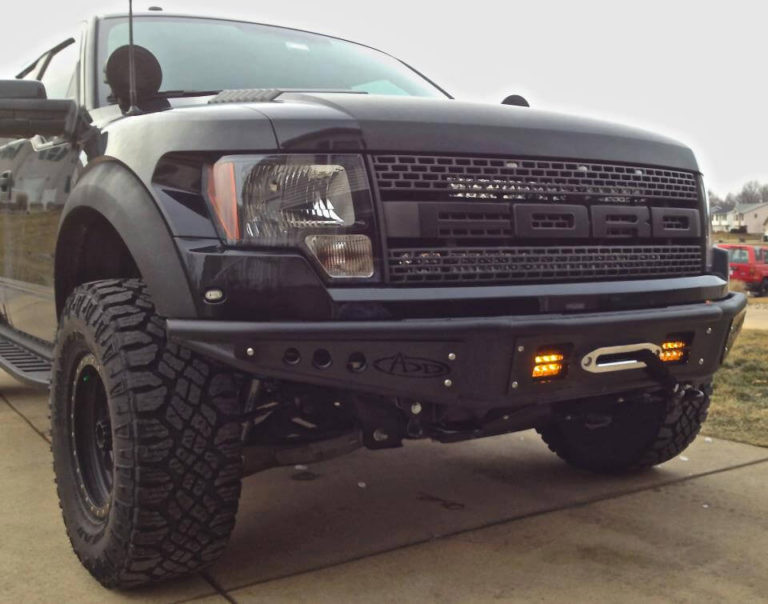 2010 - 2014 Ford Raptor Venom Front bumper with dual 4" rigid LED mounts and Winch mount in Hammer Black with Satin Black panels