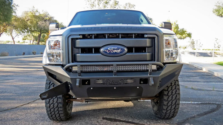 2011 - 2016 Ford F-250/350 HoneyBadger Front Bumper with Storage Boxes and 40" Light Bar and 20" Light Bar in Hammer Black with Satin Black panels