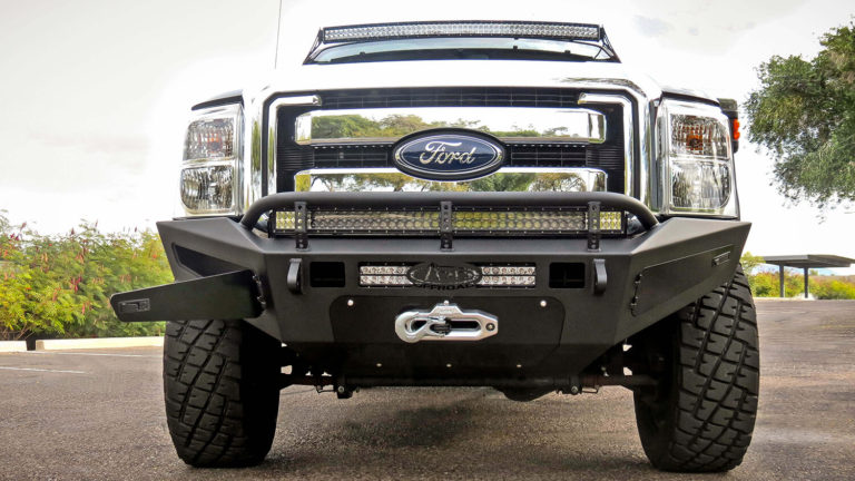 2011 - 2016 Ford F-250/350 HoneyBadger Front Bumper with Winch Mount and Storage Boxes and 40" Light Bar and 20" Light Bar in Hammer Black with Satin Black panels
