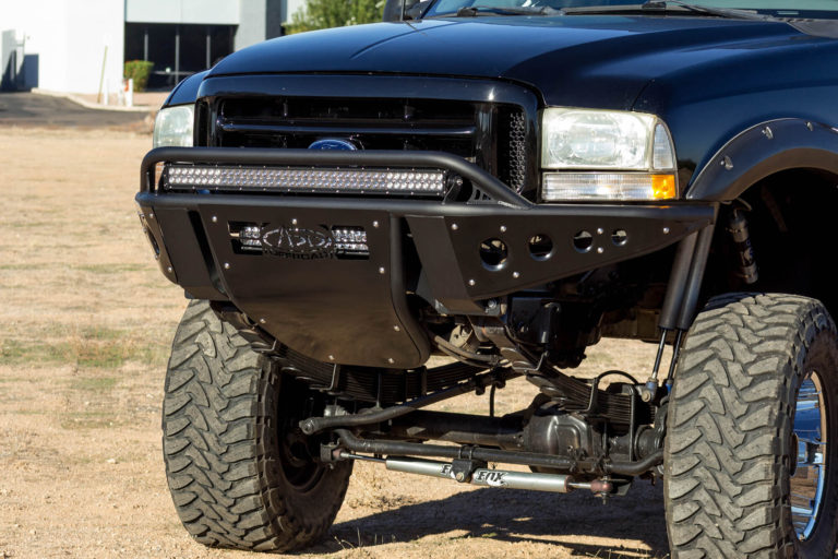 1999 - 2007 Ford F250 / F350  Standard Front Bumper with Stealth panels and 40" light bar mounts and 20" light bar mount in skid in Hammer Black with Satin Black panels