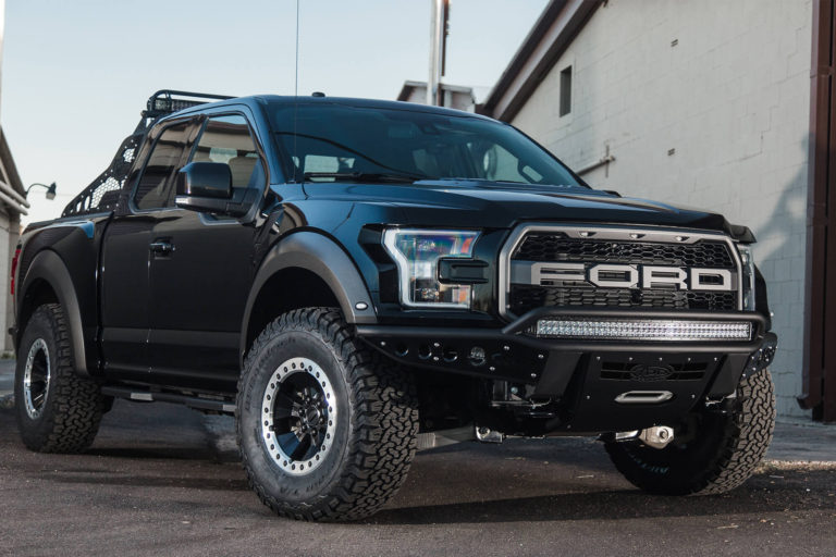 Ford Raptor Stealth "R" Front Bumper with Winch mount and 10 dually mounts/universal plate on top and 20" bar mount in skid and dually mounts on outer in Hammer Black with Satin Black panels