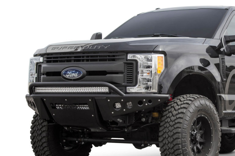 Ford F250 2017 - up Stealth "R" Front Bumper with 10 dually mounts/universal plate on top and 20" LED mount in center and dually mounts on sides in Hammer Black with Satin Black panels