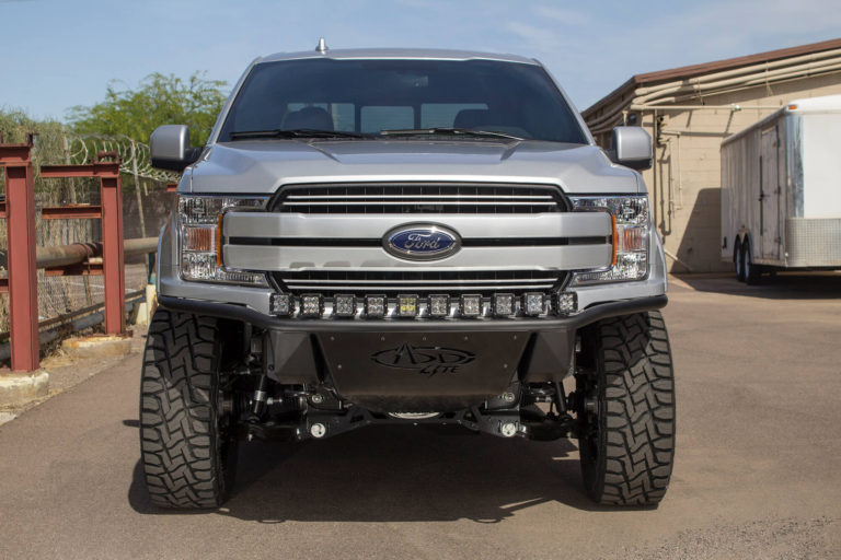 Ford F-150 ADD Lite Front Bumper with 10 Dually mounts/universal plate on top in Hammer Black with Satin Black Skid Plate
