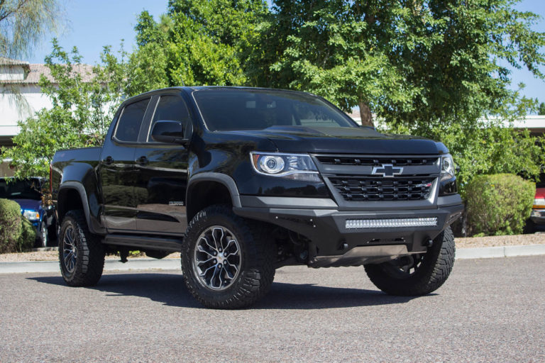Chevy Colorado ZR2 Stealth Fighter Front Bumper with dually mounts/30" universal mount and 6" SR mounts on outer with D-ring Clevis Mounts in Hammer Black with Satin Black Panels