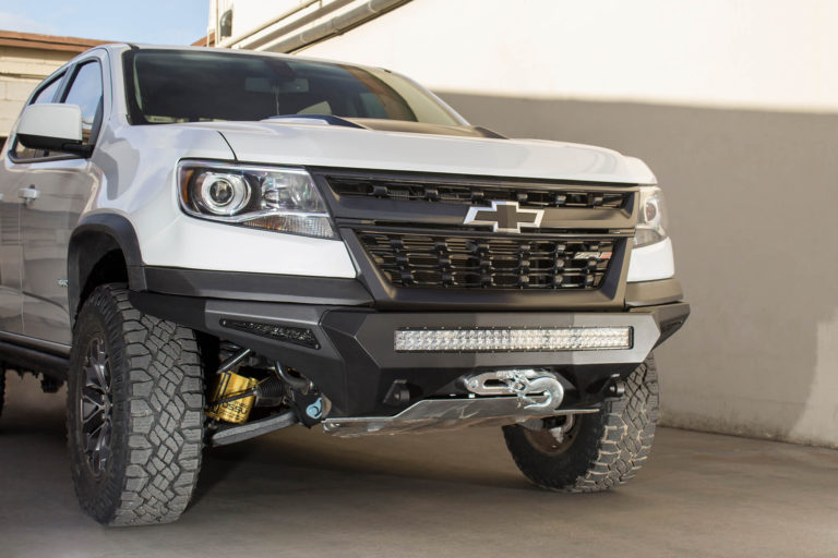 Chevy Colorado ZR2 Stealth Fighter Front Bumper with Winch Mounts with dually mounts/30" universal mount and 6" SR mounts on outer with D-ring Clevis Mounts in Hammer Black with Satin Black Panels