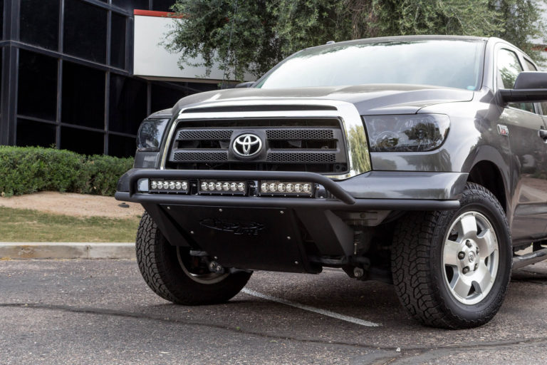 2007 - 2013 Toyota Tundra ADD Lite Front Bumper with 10 Dually mounts/universal plate on top with top hoop in Hammer Black with Satin Black Skid Plate