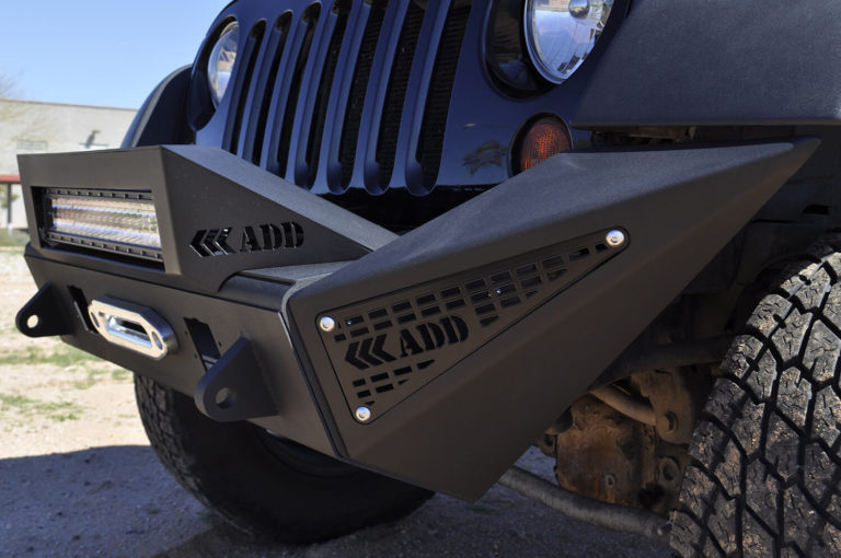 Jeep JK Stealth Fighter Jeep front Large side pods with aluminum panel pair with ADD logos with dually mounts in sides in Hammer Black with Satin Black panels