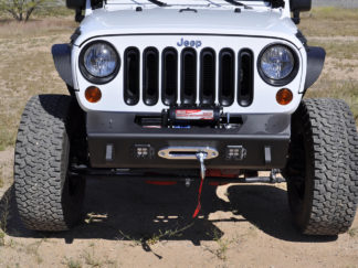 Jeep JK Stealth Fighter Jeep front center bumper with Winch mounts and Tow Hooks and front LED flush mount light openings With ADD Logo in Hammer Black with Satin Black panels