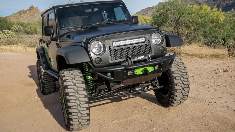 Jeep JK Venom Front Bumper with Winch Mount and 2 Dually Mounts in Hammer Black with Satin Black panels