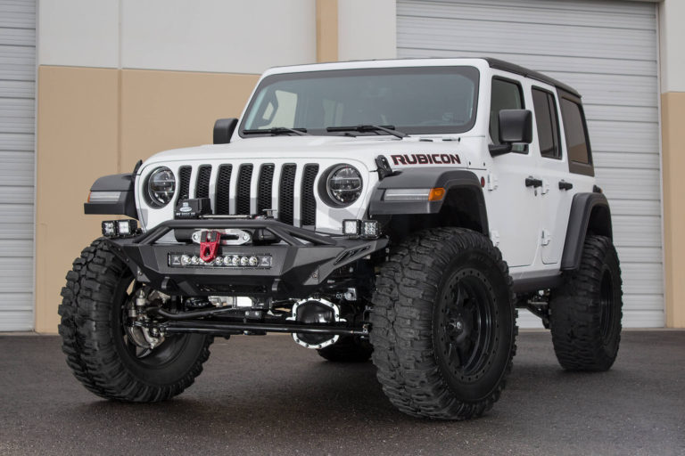 Jeep Wrangler JL Stealth Fighter front Bumper with Winch Mounts and Top Hoop with 5 dually mounts/universal 20" in center and pair of dually mounts on each side and D-Ring Clevis Mounts in Hammer Black with Satin Black Panels