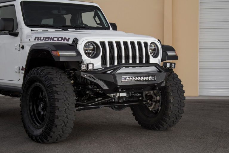 Jeep Wrangler JL Stealth Fighter front Bumper with Top Hoop with 5 dually mounts/universal 20" in center and pair of dually mounts on each side and D-Ring Clevis Mounts in Hammer Black with Satin Black Panels
