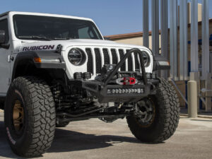Jeep Wrangler JL Rock Fighter front Bumper with Winch Mounts and Stinger Hoop with 5 dually mounts/universal 20" in center and pair of dually mounts on each side and D-Ring Clevis Mounts in Hammer Black with Satin Black Panels
