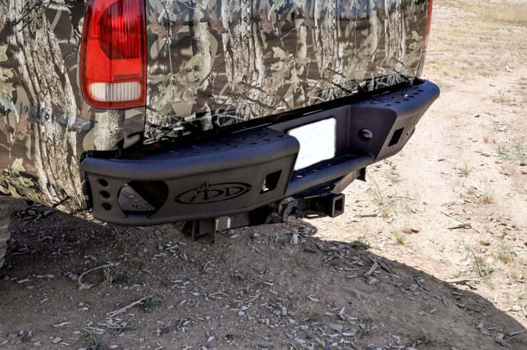 1999 - 2016 Ford F-250/350 Dimple "R" rear bumper set up for duallys with back up sensor cut outs in Hammer Black