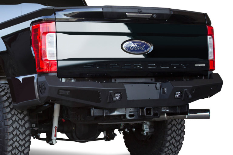 Ford F250 2017 - up HoneyBadger Rear Bumper with Integrated Tool Boxes on Sides with D-Ring Clevis Mounts and Mount Tab for Dually in Hammer Black with Satin Black Panels