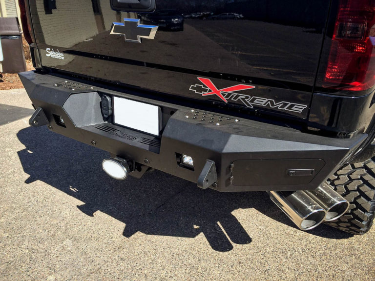 Chevy 2500/3500 HoneyBadger Rear Bumper with Integrated Toolbox and NO backup sensor cutouts in Hammer Black with Satin Black panels