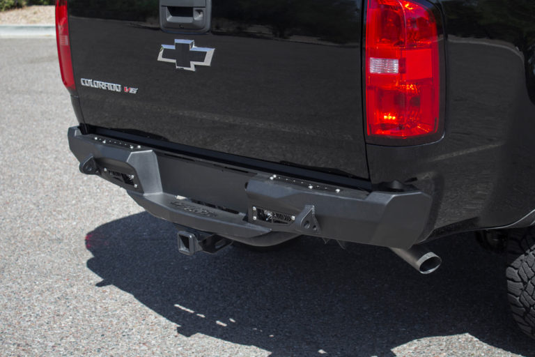 Chevy Colorado ZR2 Stealth Fighter Rear Bumper set up for duallys in Hammer Black with Satin Black panels