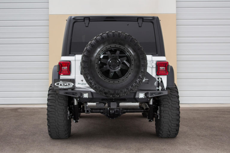 Jeep Wrangler JL Stealth Fighter Rear Bumper set up for duallys and D-Ring Clevis Mounts in Hammer Black with Satin Black panels